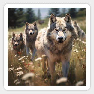 Wildlife: a pack of wolves wandering through a meadow Magnet